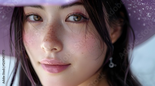 Close-up Portrait of a Young Woman: A captivating close-up portrait of a young woman with dark hair, freckles, and subtle makeup, wearing a wide-brimmed lavender hat.