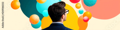 Business professional surrounded by floating abstract designs and bright ideas, symbolizing creative problem-solving through intuition