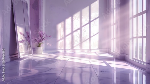 Lavender Sunlit Room: Serene and elegant interior scene with sunlight streaming through large windows, illuminating a lavender-toned room with marble floors and a vase of lavender flowers.