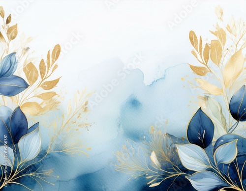 Generated image  Winter background. Hand painted watercolor and gold brush texture, Flower and botanical leaves