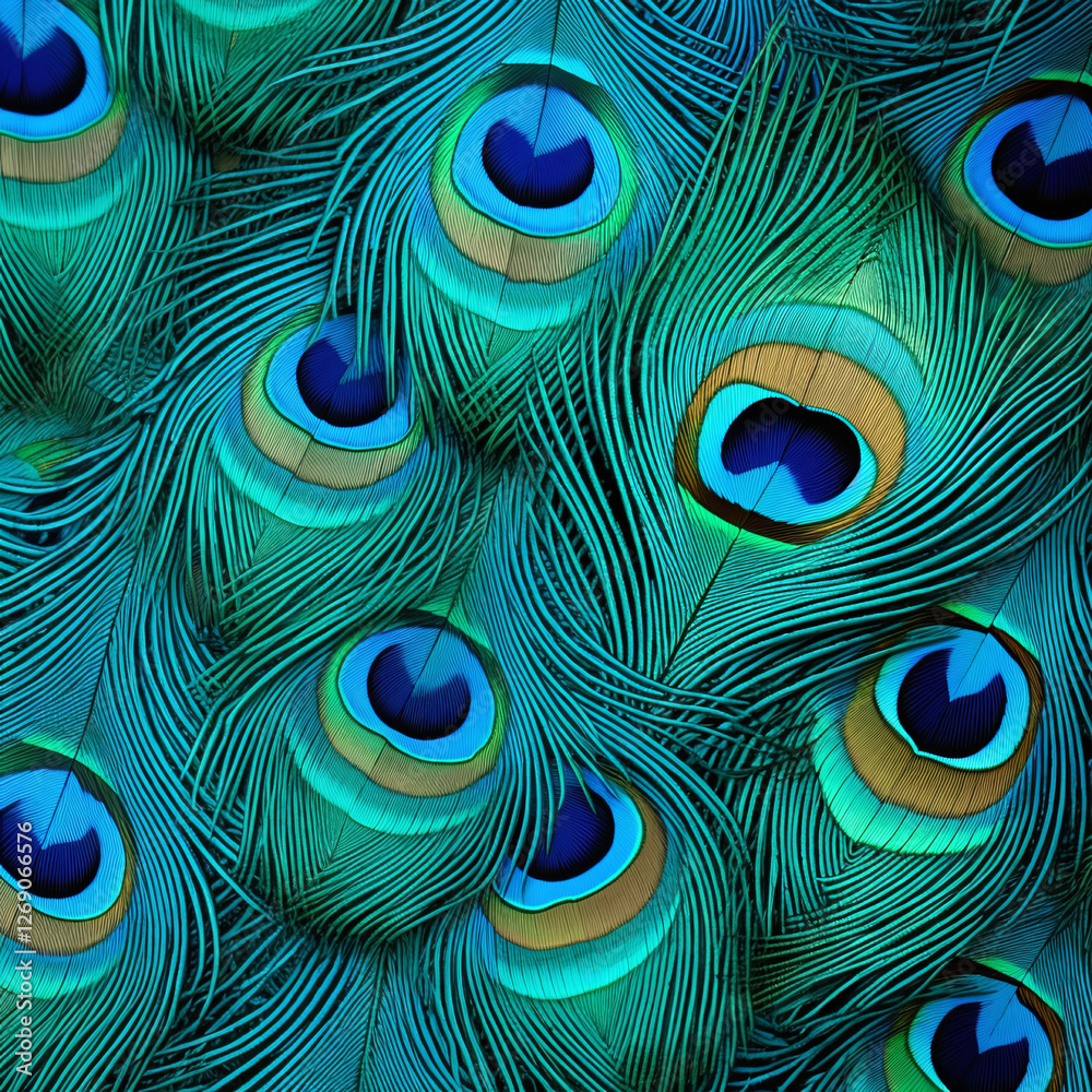 Obraz premium Vibrant peacock feathers display with intricate patterns and rich colors. Animal print for fabric textile, fashion accessories, wallpaper, background, cover design