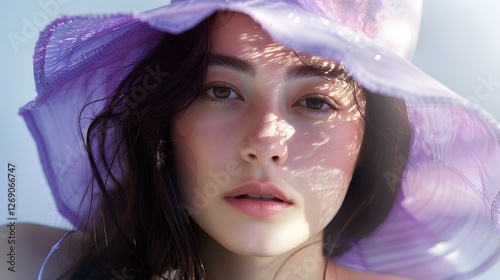 Serene Gaze: A young woman with dark hair gazes serenely at the camera, wearing a large, pale purple sunhat. Sunlight filters through the hat, creating soft shadows on her face.