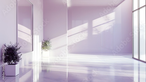 Serene Minimalist Interior: Sunlight streams through a large window into a spacious, minimalist interior.