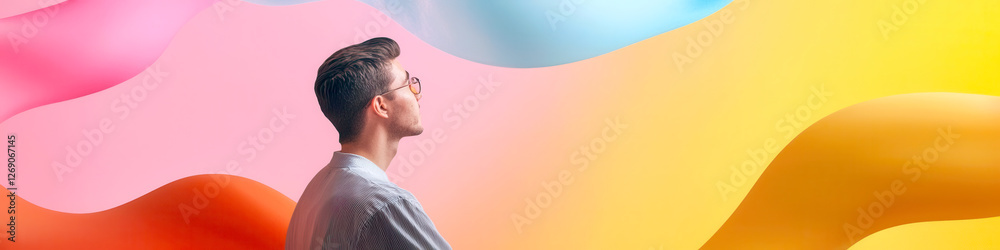 Fototapeta premium Creative thinker surrounded by floating colorful shapes and abstract patterns, representing the dynamic process of intuition in design