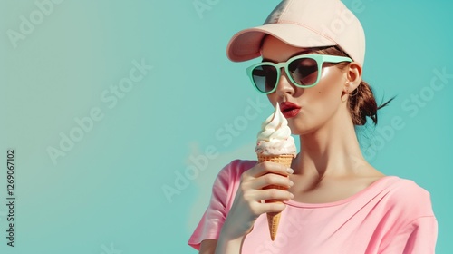 Summertime Bliss: A young woman savors a creamy ice cream cone, her bright pink outfit and playful cap reflecting the joyful vibes of a sunny day.  The vibrant blue sky creates a cool backdrop.