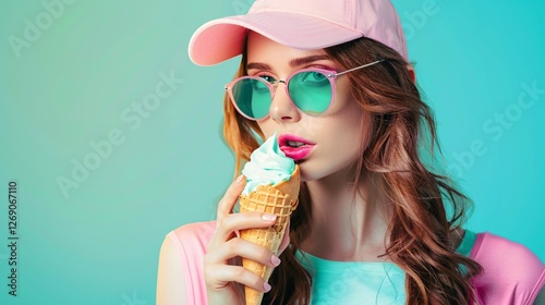 Sweet Treat: A stylish young woman with pink baseball cap and teal sunglasses enjoys a refreshing mint ice cream cone against a vibrant turquoise backdrop.
