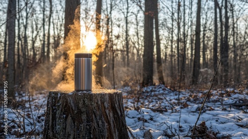 Morning sunlight illuminates steaming mug on a tree stump in a snowy forest during winter