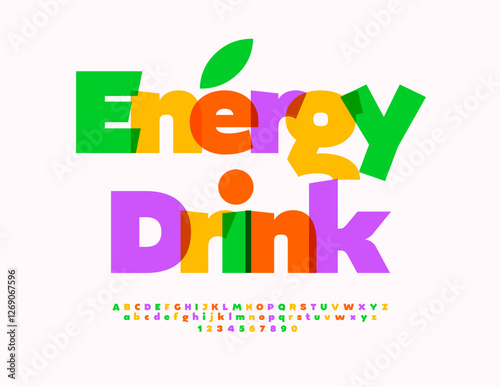 Vector Joyful flyer Energy Drink. Transparent Watercolor Font. Bright Colorful Alphabet Letters and Numbers set.