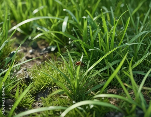 Detail shot of a patch of fresh green grass with a small insect crawling on it, outdoor photography, fresh green photo