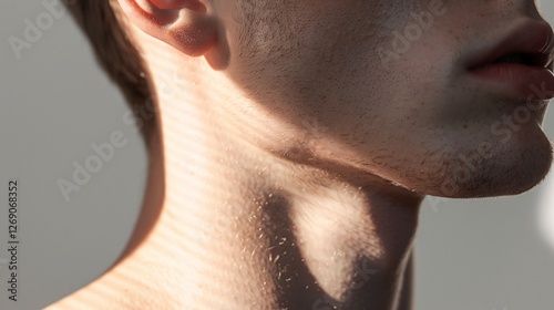 Sun-Kissed Skin: A close-up portrait of a man's neck and jawline bathed in soft, warm sunlight, highlighting the intricate lines and texture of his skin.