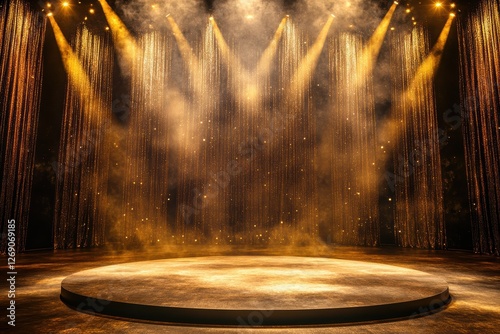 Dramatic Stage with Soft Lighting and Sparkling Curtain Effects Ideal for Theater Productions, Concerts, and Performances in a Showbiz Environment
