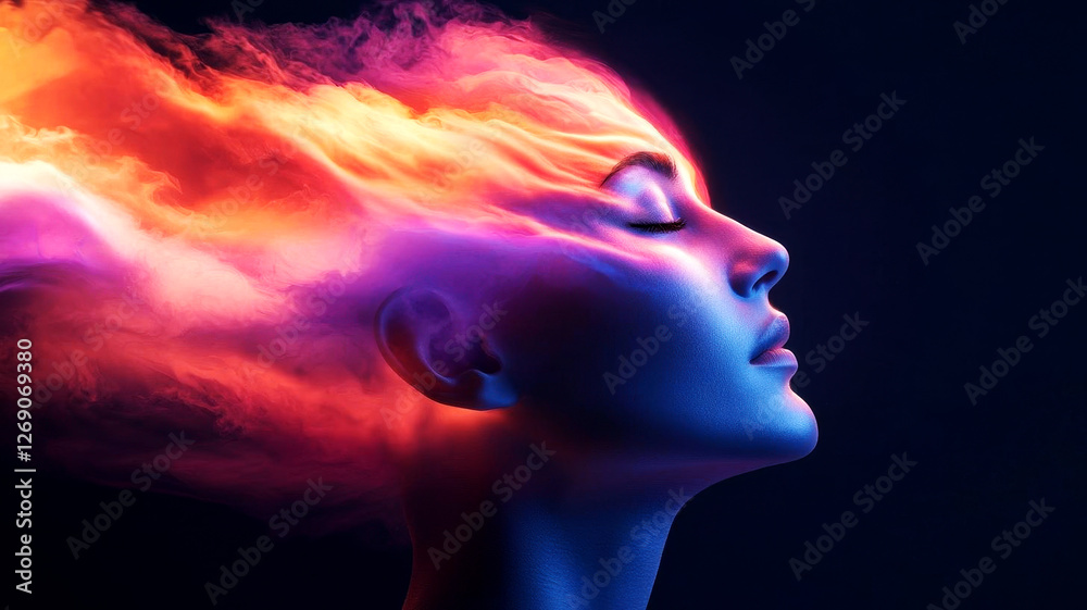 Human head dissolving into glowing, colorful shapes, symbolizing intuitive creative thinking and design innovation Human head dissolving into glowing, colorful shapes, symbolizing intuitive creative thinking and design innovation