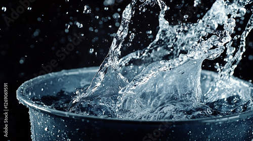 Water pouring out of a tilted bucket mid-motion splash