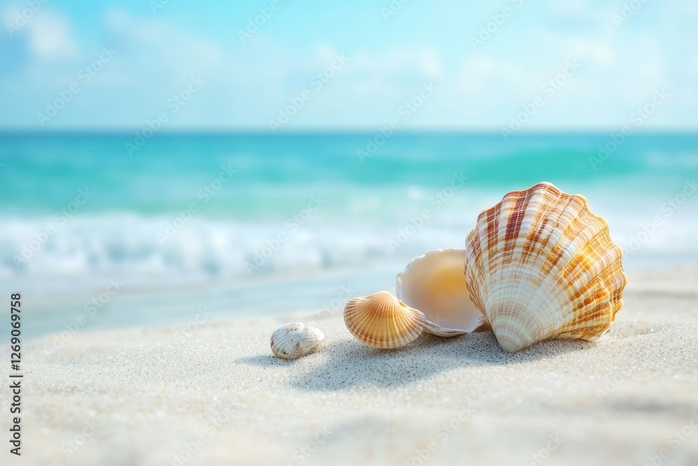 Beautiful Seashells on Soft Sandy Beach with Gentle Waves and Bright Sky in the Background, Summer Vibes and Coastal Serenity Captured in Stunning Detail Beautiful Seashells on Soft Sandy Beach with Gentle Waves and Bright Sky in the Background, Summer Vibes and Coastal Serenity Captured in Stunning Detail