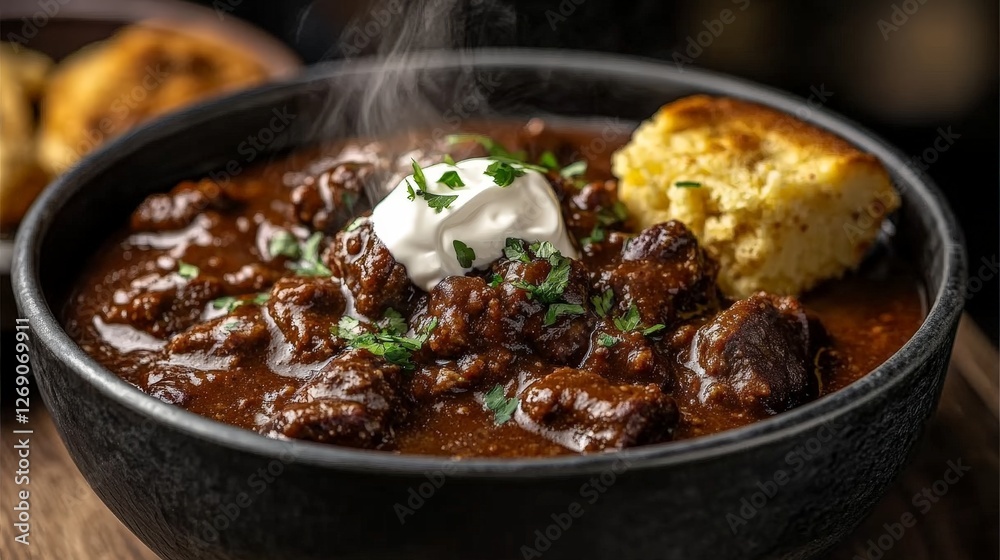 A steaming bowl of chili topped with sour cream and herbs, served with cornbread. A steaming bowl of chili topped with sour cream and herbs, served with cornbread.