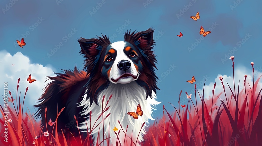 Perro border collie en pradera con vegetación bordó, con mariposas y cielo azul.