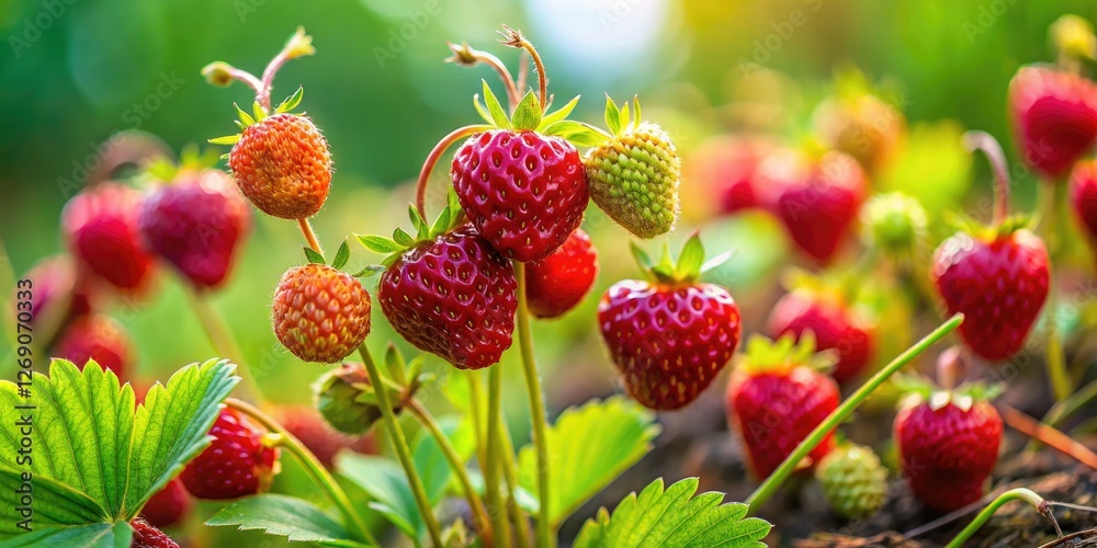 Ripe wild strawberries gleam, a burst of summer color in a detailed nature photograph. Ripe wild strawberries gleam, a burst of summer color in a detailed nature photograph.