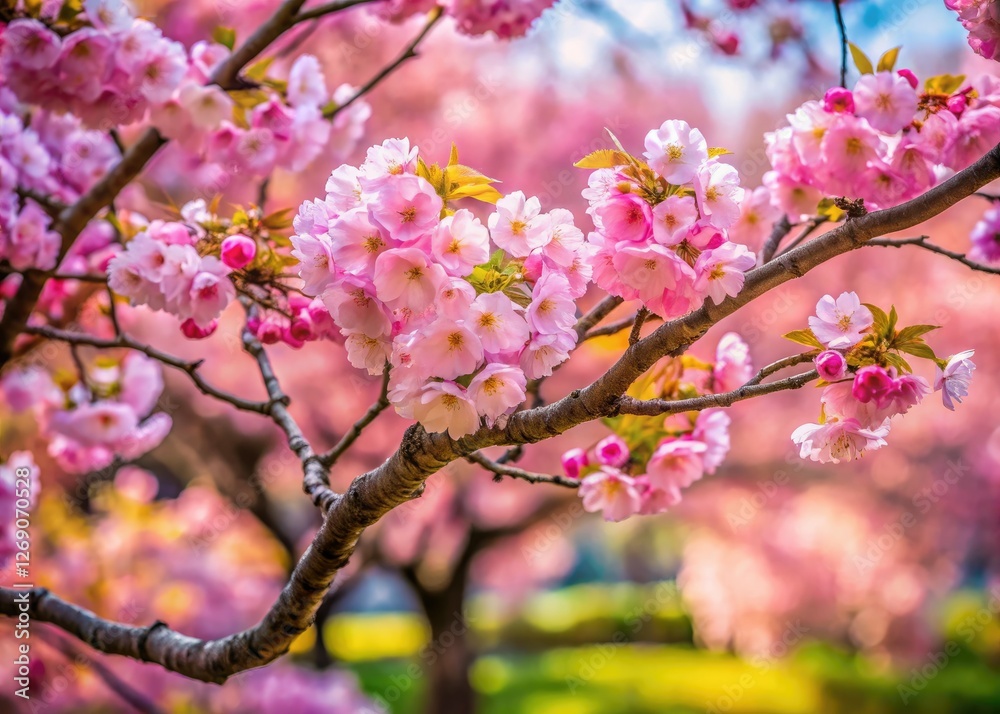 Rule of thirds captures a breathtaking spring bloom of pink cherry blossoms in a Japanese garden. Rule of thirds captures a breathtaking spring bloom of pink cherry blossoms in a Japanese garden.