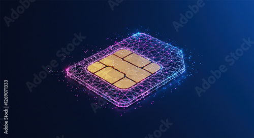 Futuristic glowing low polygonal sim card made of lines, light particles on dark blue background.