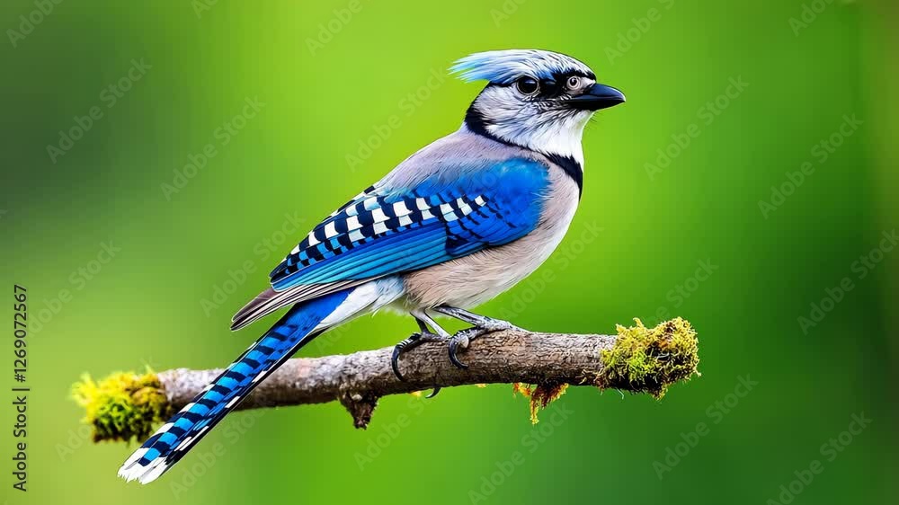 Blue and white bird with blue feathers on its tail is perched on a branch. The bird is looking to the right