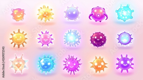 Assorted cartoon viruses with glowing highlights and rounded designs, displayed in a grid pattern on a bright pastel background