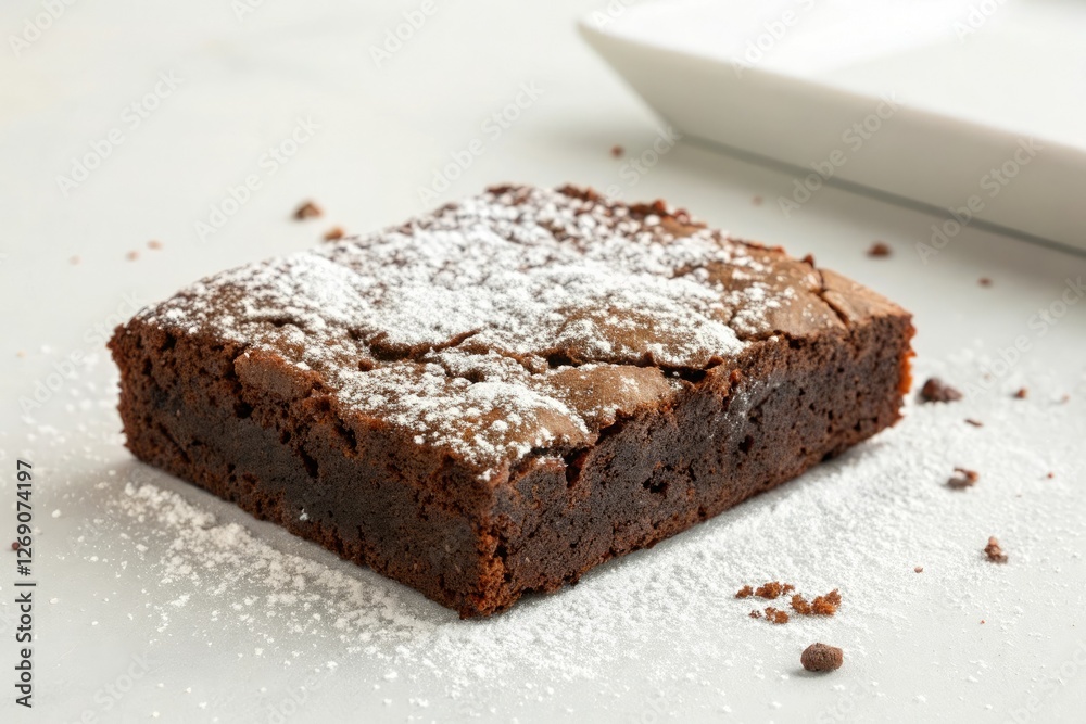 Freshly baked chocolate brownie with a sprinkle of powdered sugar, aroma, sweets, culinary delight, treats Freshly baked chocolate brownie with a sprinkle of powdered sugar, aroma, sweets, culinary delight, treats
