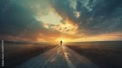 Solitude at Sunset: A lone figure walks towards a breathtaking sunset on a long, winding road, the dramatic cloudscape creating a scene of both hope and introspection.