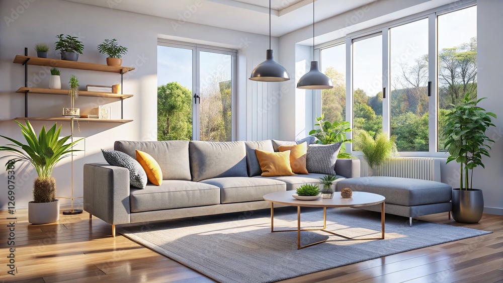 Fototapeta premium Modern Minimalist White Living Room with Comfortable Sofa - High-Resolution Stock Photo