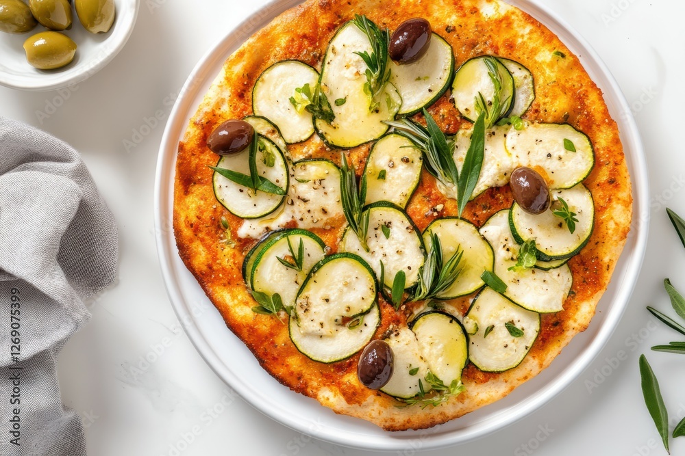An overhead view of elegantly presented socca adorned with zucchini and olives. The minimalist white background accentuates the vibrant colors of this healthy, Mediterranean-inspired dish. An overhead view of elegantly presented socca adorned with zucchini and olives. The minimalist white background accentuates the vibrant colors of this healthy, Mediterranean-inspired dish.