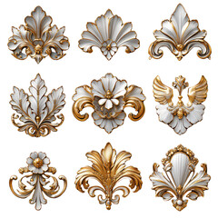 Collection set of ornate golden corner decorations isolated on transparent background