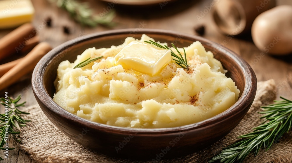A dish of creamy mashed potatoes with butter melting on top A dish of creamy mashed potatoes with butter melting on top