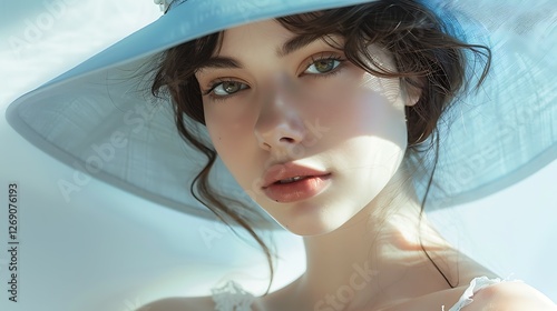 Summer Daydream: A young woman with captivating eyes gazes directly at the camera, partially shaded by a wide-brimmed light-blue sun hat, creating a dreamy and serene portrait. 