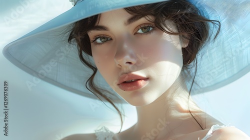 Summer Sun-Kissed: A portrait of a young woman with delicate features, bathed in the soft glow of sunlight, wearing a wide-brimmed hat and a hint of a smile.