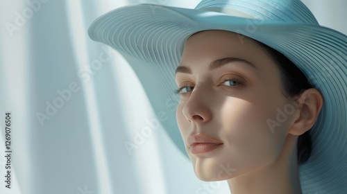 Serene Gaze: Woman in a Light Blue Hat: A portrait of a young woman wearing a light blue sun hat, her face subtly illuminated by sunlight streaming through a curtain.