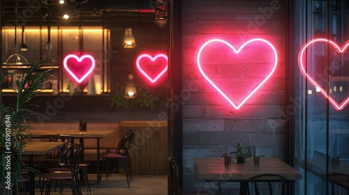 Red and pink neon heart signs illuminating a modern cafe interior, reflecting off glass surfaces with a warm romantic vibe
