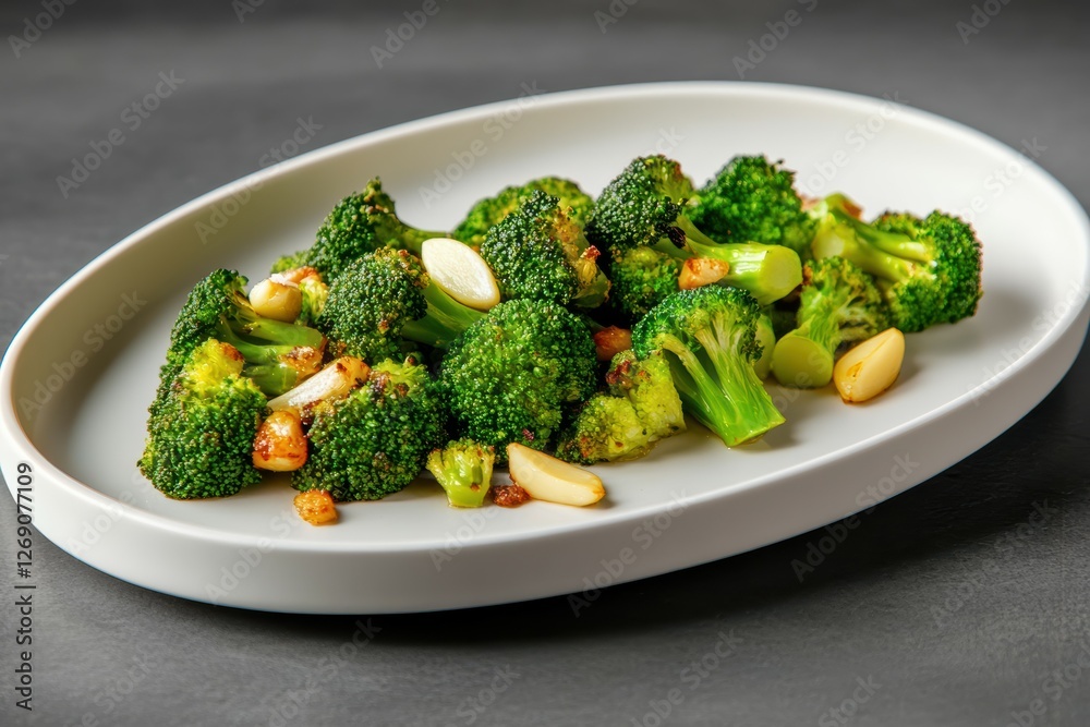 Crispy caramelized broccoli sits elegantly on a neutral-toned plate. The garlic chips add a perfect crunchy contrast, enhancing this delightful gourmet vegetable side dish. Crispy caramelized broccoli sits elegantly on a neutral-toned plate. The garlic chips add a perfect crunchy contrast, enhancing this delightful gourmet vegetable side dish.
