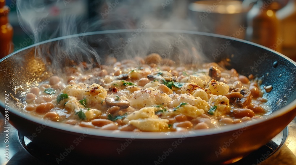 A steaming dish of beans and vegetables in a skillet, showcasing a delicious meal preparation. A steaming dish of beans and vegetables in a skillet, showcasing a delicious meal preparation.