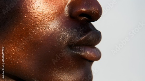 Close-up Portrait: A close-up profile shot of a person's face, featuring rich brown skin, full lips, and a captivating gaze. The light catches the subject's skin, creating a subtle shimmer.
