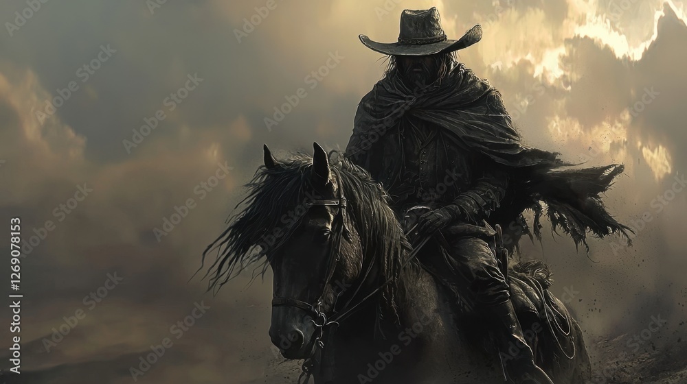 Fototapeta premium Mysterious cowboy riding a black horse under dark, stormy skies during a dramatic twilight
