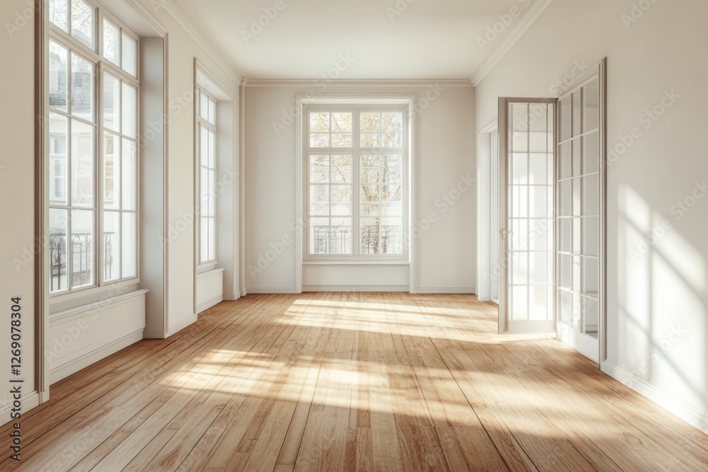 Fototapeta premium Sunny empty room, hardwood floor, French windows, city view, apartment rental