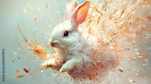 White rabbit surrounded by dynamic splashes of color in motion photo