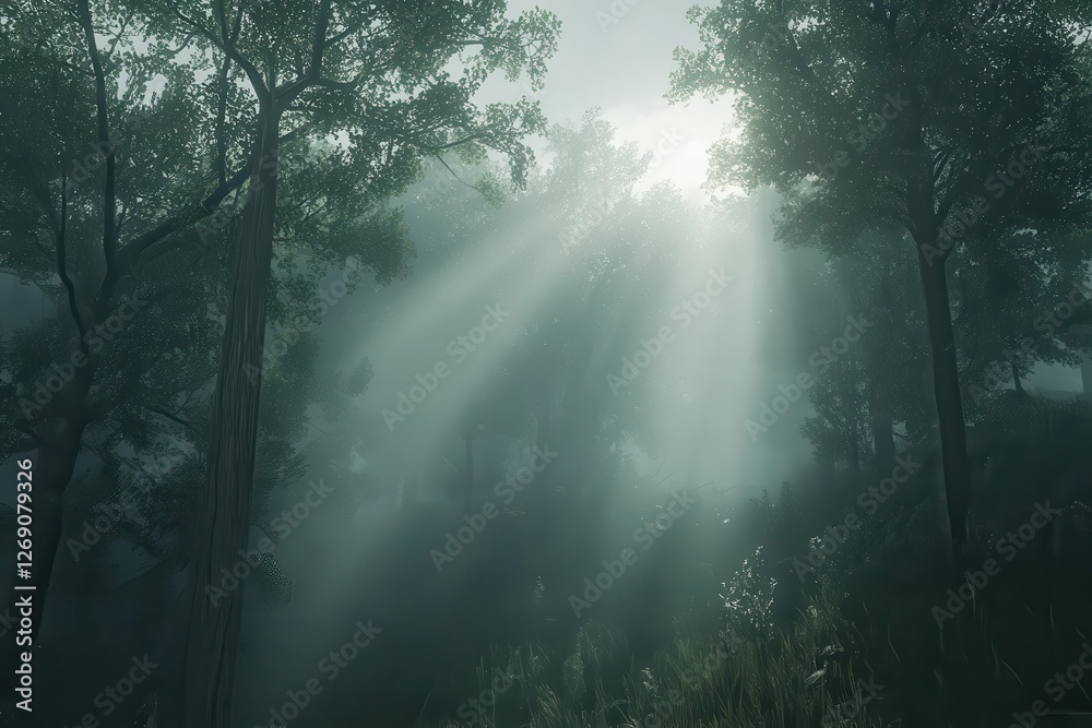 Ethereal Sunlight Shining Through Mist in Enchanted Forest Scene Ethereal Sunlight Shining Through Mist in Enchanted Forest Scene