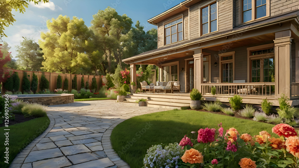 Obraz premium garden in the park, house in the park, house in the garden, view on a sunny summer day, new luxury home exudes elegance with its lush backyard, vibrant flowers