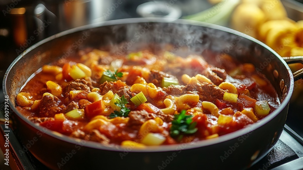 A steaming pot of hearty beef and vegetable pasta stew on a stove. A steaming pot of hearty beef and vegetable pasta stew on a stove.