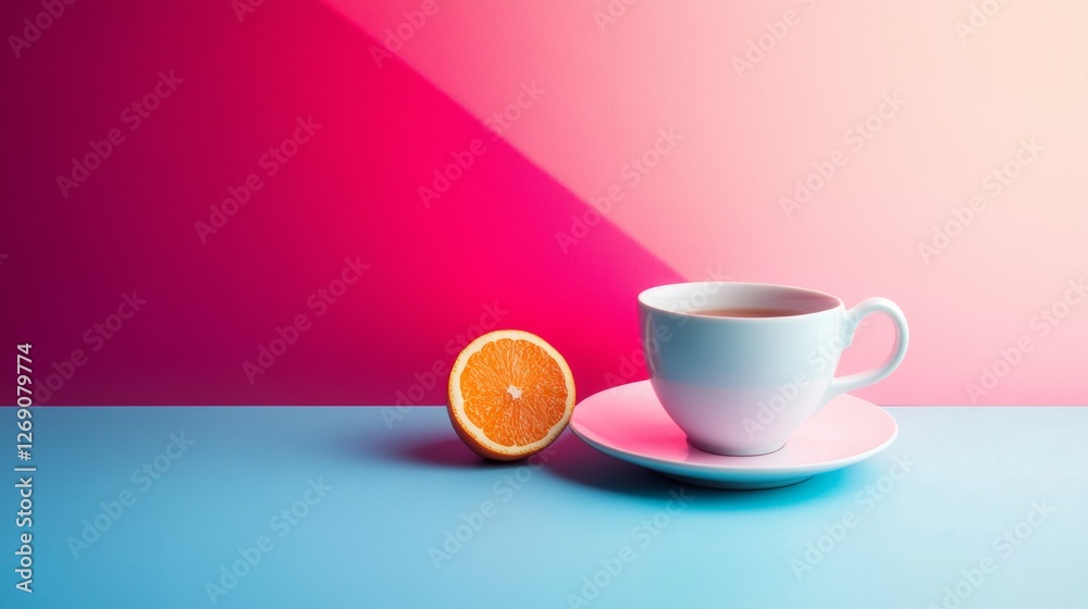Minimalist white cup with an orange slice on a pastel gradient background Minimalist white cup with an orange slice on a pastel gradient background