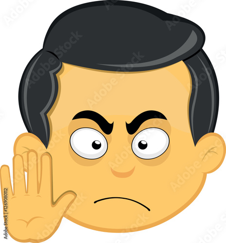 vector illustration yellow emoji character male, with a stop hand gesture showing all five fingers