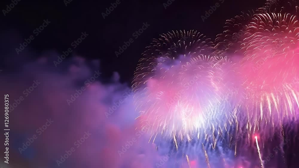 Colorful fireworks exploding in the night sky with smoke and vibrant lights. A dazzling and festive celebration scene, perfect for New Year's, Independence Day, and special events.