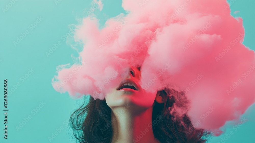 Surreal portrait of a woman surrounded by pink smoke clouds Surreal portrait of a woman surrounded by pink smoke clouds