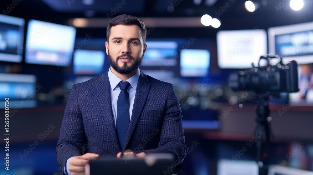 Professional news anchor presenting live broadcast in a modern studio with multiple screens Professional news anchor presenting live broadcast in a modern studio with multiple screens