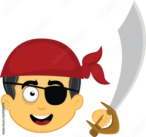 vector illustration yellow emoji character male, with a headscarf, an eye patch and a pirate sword